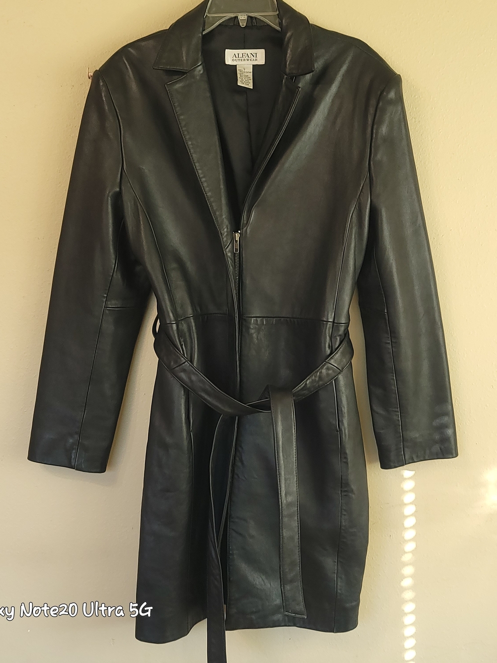 Vintage Alfani Genuine Leather Belted Trench Coat Black Women's Large 90s Y2K